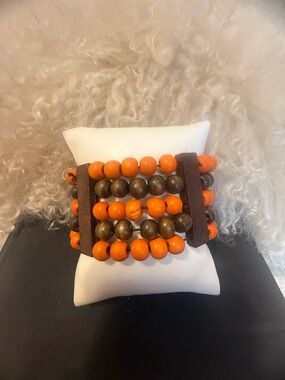 Handcrafted Orange and Brown Beaded Stretch Bracelet